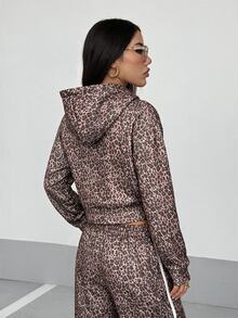 StreetHx Women's Autumn/Winter Leopard Print Fashion Loose Hooded Sweatshirt Jacket - Brown - View 3