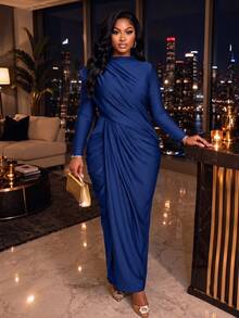 SOLERSUN Plus Size Women's Solid Color Ruched Elegant Waist-Cinching Party Dress - Blue - View 1