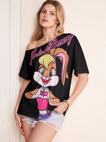 LOONEY TUNES X SHEIN 女款不對稱肩短袖休閒寬鬆T恤 - 黑色 - 查看 3