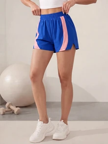 Easithlete Women's Striped Colorblock Elastic Waist Sports Shorts - Navy Blue - View 6