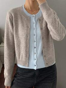 Strévra Women's Wool Colorblock Casual Daily Cardigan - Khaki - View 3