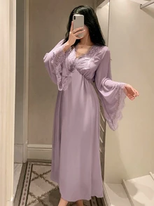 DAZY 女款蕾絲拼接V領七分袖收腰長洋裝睡袍 秋季 - 淡紫色 - 查看 4