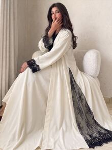 Yasmyna Elegant Lace Patchwork Black & White Contrast Long Open Front Abaya - Apricot - View 5