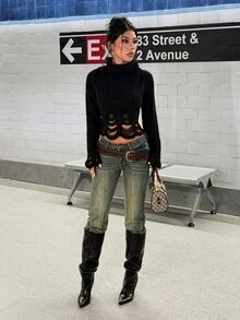 StreetHx Streetwear Women's Autumn/Winter Solid Color Y2K Vintage Distressed Ripped Cable Knit Sweater Top - Black - View 6