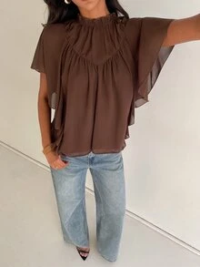 Aloruh 棕色優雅度假風波西米亞荷葉邊下擺不對稱A字女款上衣，適合外出穿著 - 棕色 - 查看 5