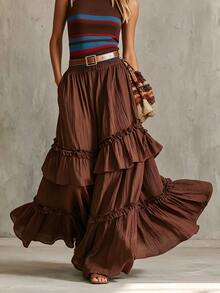 Glimmora Women's Spring/Autumn New Bohemian Style Solid Color Layered Ruffle Romantic Vacation Elastic Waist Loose A-Line Skirt - Brown - View 4