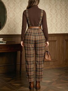 Auvina Plus Size Vintage Plaid Commuter Jumpsuit - Brown - View 2