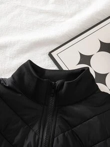 Tween Girl Solid Color Zipper Casual Versatile Winter Padded Coat - Black - View 4