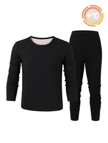 SHEIN 兒童青少年男孩休閒刷毛加厚長袖T恤與內褲套裝，適合秋冬，適用於學校、居家、家庭聚會、度假、派對，秋季穿搭，冬季穿搭 - 彩色 - 查看 3