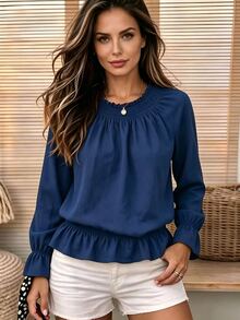 Zayélia New Autumn Women's Long Sleeve T-Shirt Blouse With Ruffle Hem, Fashion Design Solid Color Top - Navy Blue - View 5