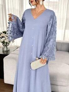 Yasmyna V-Neck Pearl Button Floral Water-Soluble Lace Bell Sleeve Elegant Loose Long Blue Arabian Dress - Blue - View 7
