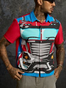 Transformers X SHEIN Men's Colorblock Casual Short Sleeve Shirt For Daily Wear - Red - View 5