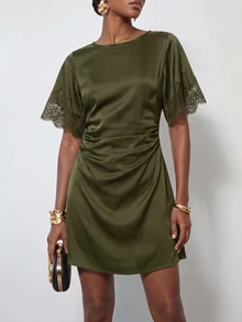 Zivah Women's Elegant Commuter Lace Patchwork Mini Dress - Army Green - View 9