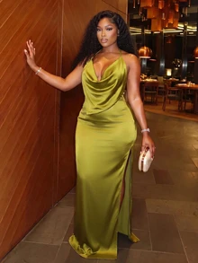 Slaydiva New Olive Green Satin High Neck Backless Spaghetti Strap Dress With High Slit And Pleated Design, Perfect For Dates, Parties, Cocktail Events, Weddings, Birthday Parties, Vacations And Formal Occasions - Olive Green - View 7