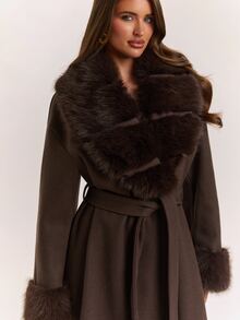 SHEIN BAE Women's Faux Fur Patchwork Long Sleeve Wool Blend Coat - Coffee Brown - View 7
