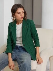 Aveloria Modichic 千鳥格翻領雙口袋西裝外套 無腰帶 工作服 - 綠色 - 查看 2
