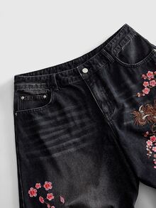 ROMWE MEN Men's Cherry Blossom Dragon Embroidery Jeans - Vintage Washed Loose Hip Hop Streetwear Pants - Black - View 4