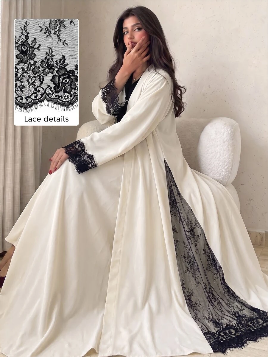 Yasmyna Elegant Lace Patchwork Black & White Contrast Long Open Front Abaya - Apricot - View 1