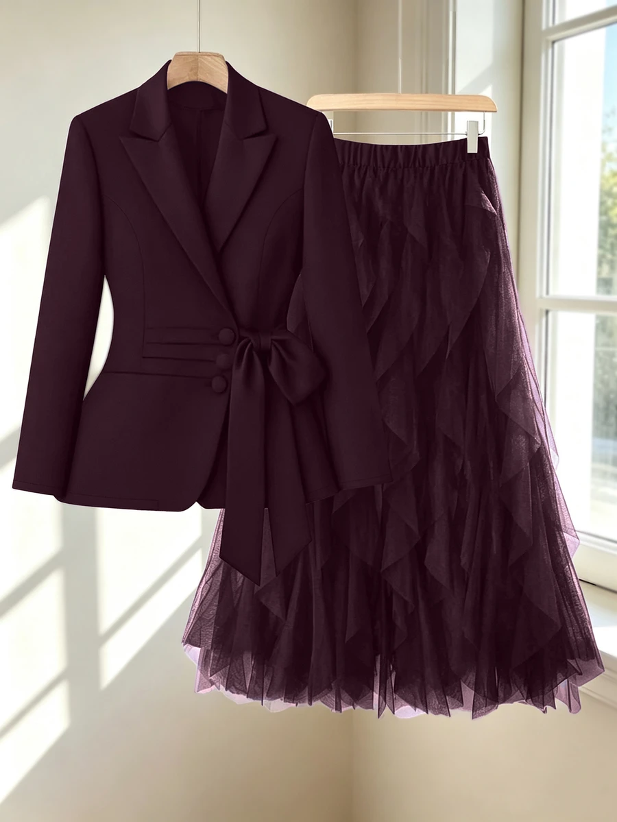GlowEve CURVE Plus Size Jacket Mesh Skirt Suit Set - Brown - View 1