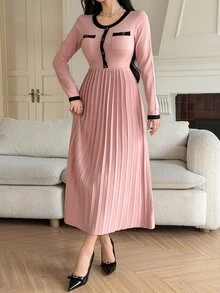 DAZY Autumn/Winter Round Neck Contrast Black Trim Pleated A-Line Pink Elegant Commute Date Women Sweater Dress - Pink - View 3