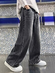 青少年男孩 Y2K 時尚黑色刷毛羊毛底鬆款牛仔褲，秋冬上學穿搭 - 黑色 - 查看 4