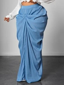 Maweii Plus Size Women's Solid Color Pleated Casual Versatile Everyday Skirt Fall - Baby Blue - View 6