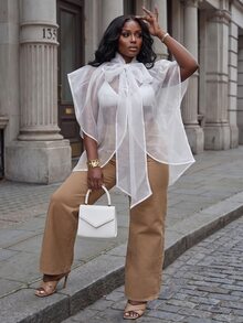 Slaydiva Spring/Early Autumn New Style Date, Commute, Modern, Daily Street, Music Festival, Holiday, Best Friend Gathering, Party Occasion Loose Neckline Tie Bow Ribbon Sheer White Mesh Cover Up Plus Size Women's Shirt Top-Z - White - View 2