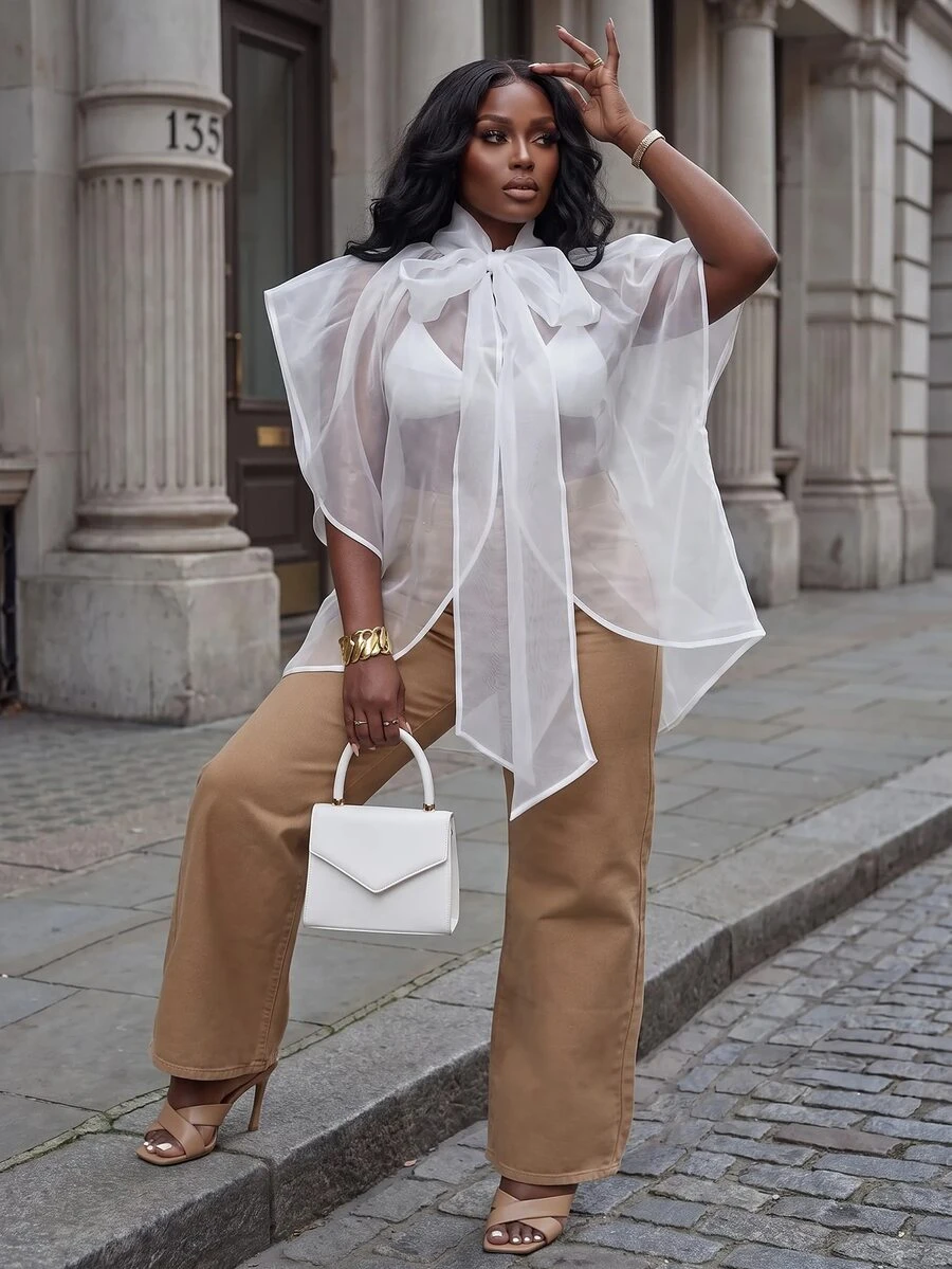 Slaydiva Spring/Early Autumn New Style Date, Commute, Modern, Daily Street, Music Festival, Holiday, Best Friend Gathering, Party Occasion Loose Neckline Tie Bow Ribbon Sheer White Mesh Cover Up Plus Size Women's Shirt Top-Z
