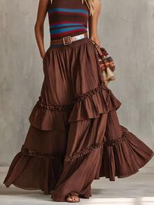 Glimmora Women's Spring/Autumn New Bohemian Style Solid Color Layered Ruffle Romantic Vacation Elastic Waist Loose A-Line Skirt - Brown - View 1