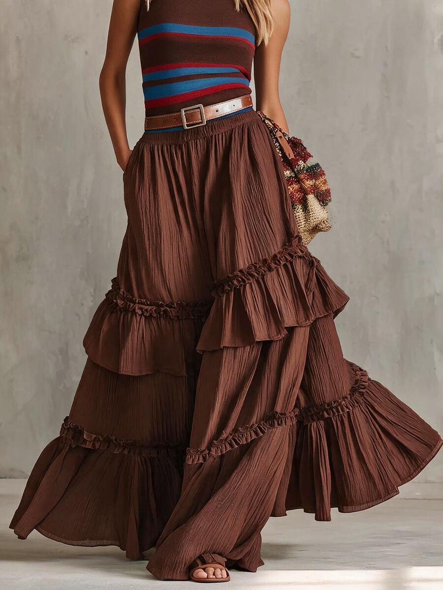 Glimmora Women's Spring/Autumn New Bohemian Style Solid Color Layered Ruffle Romantic Vacation Elastic Waist Loose A-Line Skirt - Brown - View 1