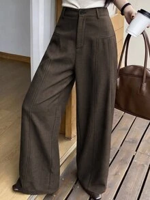 SHEIN PariChic Women's Solid Color Button & Zipper Casual Versatile Wide Leg Pants, Commuter Outfit - Brown - View 1