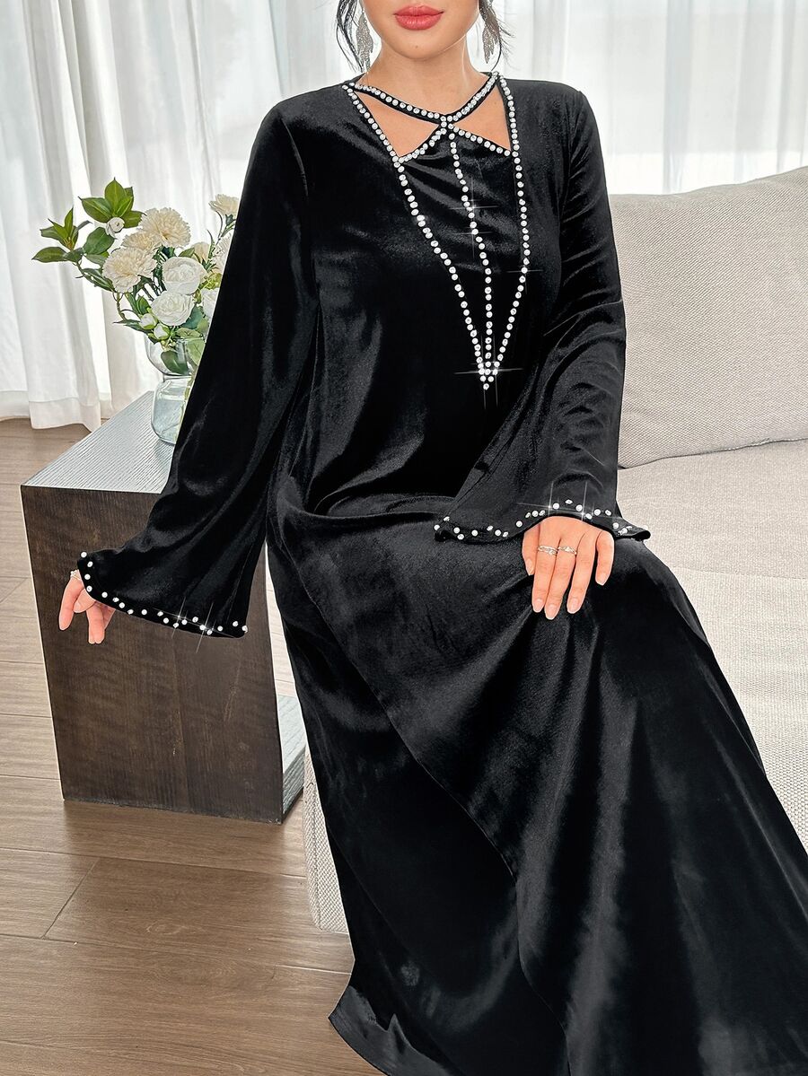 Yasmyna فستان سهرة إسلامي طويل من المخمل الأسود للخريف/الشتاء، مزين بالراينستون، بأكمام طويلة وتنورة كاملة، فستان حفلات محافظ - الأسود - مشاهدة 1