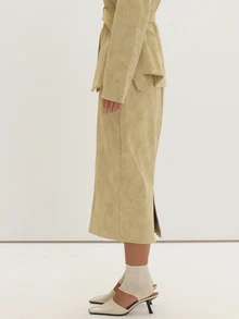 MUSEYN Rok Maxi Tekstur PU Warna Krem, Serbaguna untuk Sehari-hari, Kasual, Musim Gugur - Aprikot - View 3