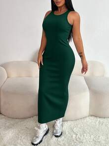 SHEIN Raffinéa 2件組休閒連帽拉鍊外套，收腰設計，搭配彈性針織露背洋裝，保暖內裡 - 墨綠色 - 查看 3