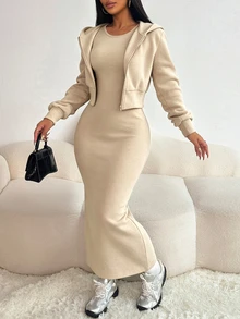SHEIN Raffinéa 女款休閒連帽拉鍊夾克，收腰彈性針織露背洋裝，米色，適合早午餐與秋季 - 米色 - 查看 4