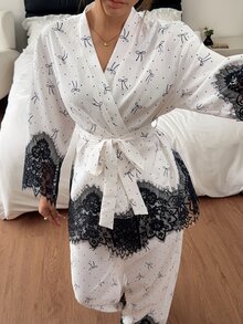 Napfluff Women's Bowknot Polka Dot Print Loose Comfortable Long Sleeve Pajama Set With Lace Trim, Suitable For All Seasons - White - View 8