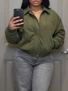 Slaydiva جاكيت نسائي مقاس كبير، معطف بومبر قصير من الجلد الصناعي باللون الزيتوني مع جيوب كارغو وسحاب - أخضر - مشاهدة 12