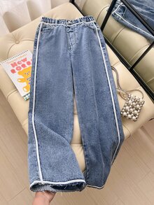 SHEIN بنطلون جينز للبنات المراهقات، مناسب لجميع الفصول، أسلوب كاجوال محتشم أنيق، جينز واسع الساق مغسول بتأثير عتيق ممزق، ألوان متناسقة Y2K جينز أزرق مع حافة دانتيل - الأزرق - مشاهدة 1