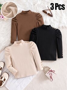 Genkimix Kids 3pcs Girls Toddler High Neck Ribbed Knit T-Shirts, Decorative Button Soft Tops - Multicolor - View 7