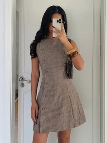 Aloruh Women's Autumn/Winter New Houndstooth Pattern Waist-Cinched A-Line Single-Breasted Mini Dress - Brown - View 4
