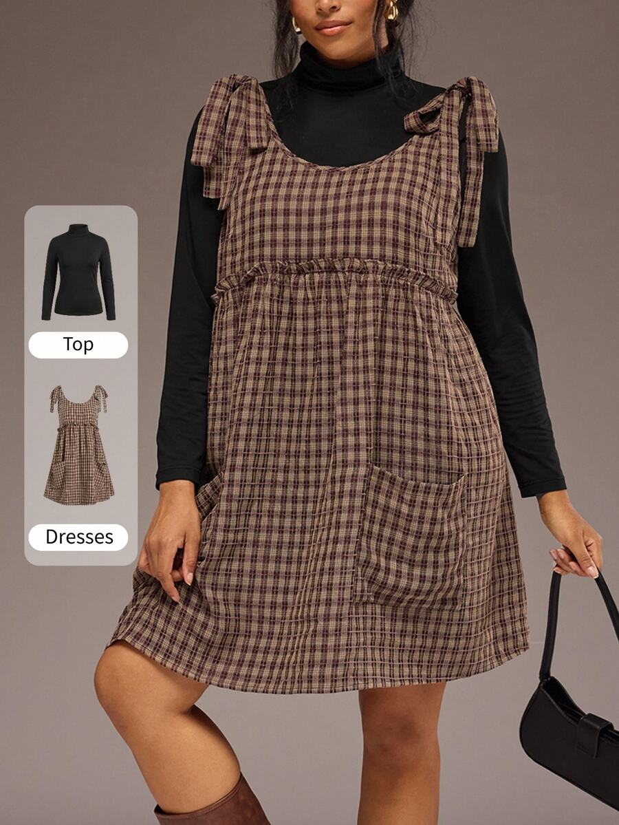 Freevana 2PC Plus Size Women Solid Color Turtleneck Long Sleeve Top And Plaid Shoulder Knot Strap Dress Set - Multicolor - View 1