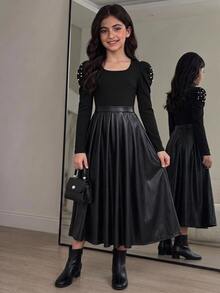 Tween女孩秋冬日常通勤優雅針織羅紋拼接PU百褶喇叭裙黑色洋裝萬聖節兒童洋裝 - 黑色 - 查看 6