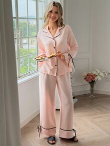 DAZY Women's Lapel Neck Long Sleeve Single-Breasted Top And Pants Pajama Set - Pink - View 6