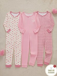 3件組女童幼兒長袖上衣與長褲套裝，奶油粉色愛心條紋印花，貼身剪裁，秋冬睡衣，柔軟輕盈針織，舒適可愛優雅 - 淺粉色 - 查看 1