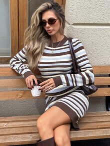 SHEIN LUNE Casual French Commuter Brunch Women's Sweater Dress Long Sleeve Autumn/Winter Patchwork Striped Outfit Brown Striped - Multicolor - View 4