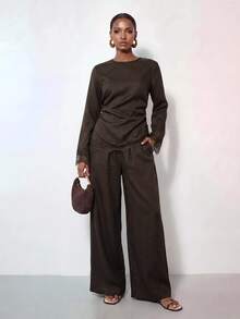 Zivah Women's Solid Color Contrast Lace Blouse And Wide Leg Pants Elegant 2 Pieces Set - Brown - View 9
