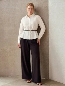 MOTF FASHIONABLE COMMUTER MINIMALIST PREMIUM FEEL CINCHED CINCHED WAIST LONG SLEEVE COLLARED PURE COTTON BELT DECOR WOMEN'S PLUS SIZE SHIRT - White - View 7