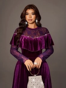 Viva Relle European And American Plus Size Velvet Dress With Ruffle Hem, Cold Shoulder Lace Long Sleeve, Cinched Waist A-Line Dress, Party Formal Evening Gown - Purple - View 2