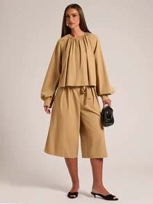SHEIN BAE Women's Loose Casual Solid Color Back Waist Elastic Pleated Mid-Length Wide Leg Pants - Khaki - View 3