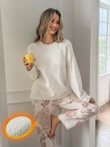 Livesso 2pcs/Set Women's Knit Solid Color Loose Long Sleeve Top & Floral Long Pajama Pants Homewear Set, Autumn/Winter - Apricot - View 3